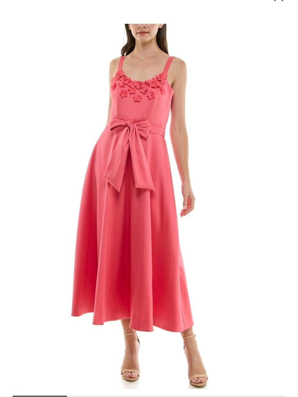 Floral Appliqué Coral Midi Dress with Bow Waist